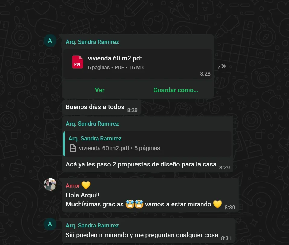 Mensaje de la arquitecta Sandra Ramírez enviando el PDF de la vivienda de 60 m² y dos propuestas de diseño.