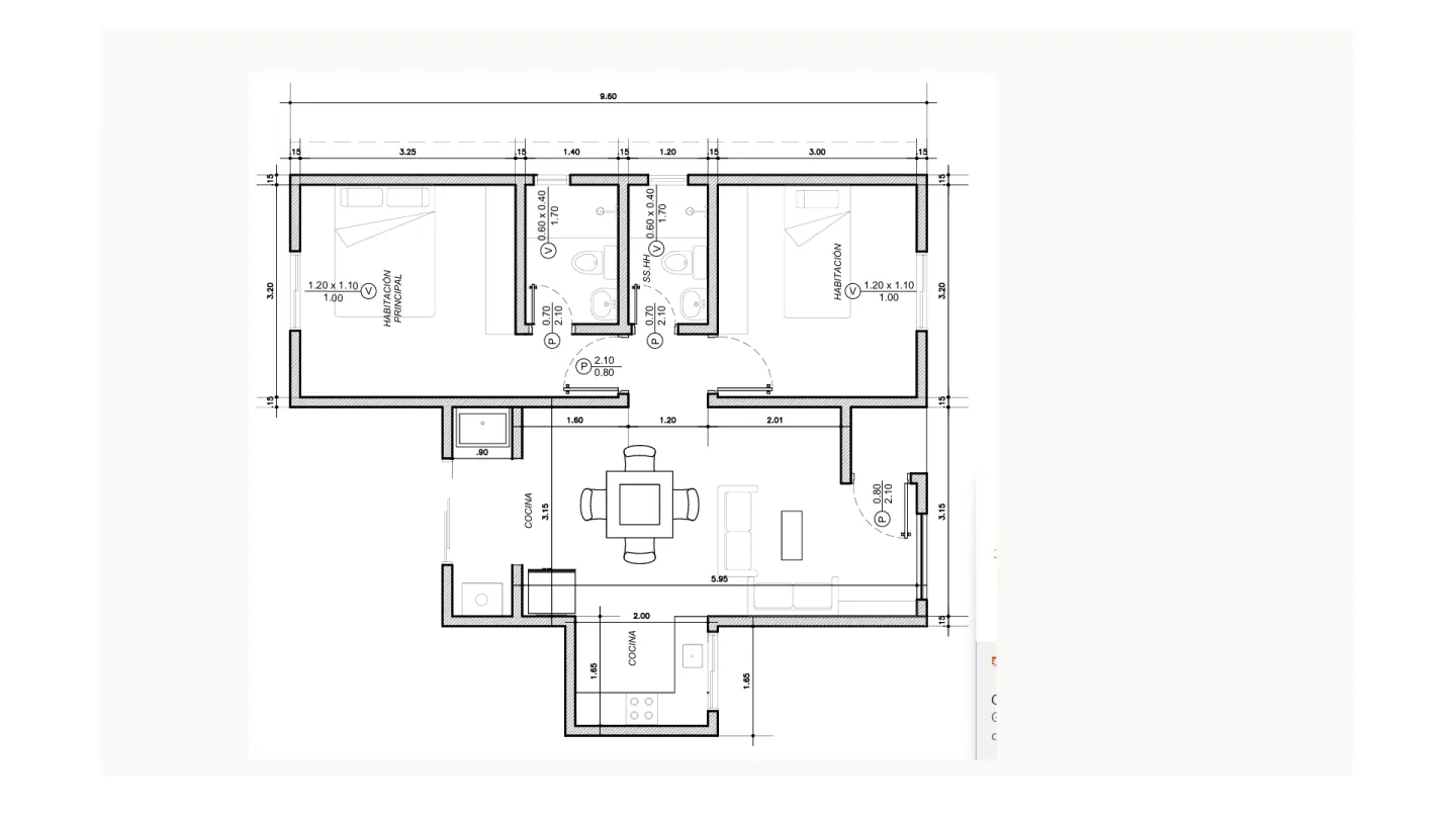 Planta del primer draft: dos dormitorios, baño, cocina y estar-comedor.