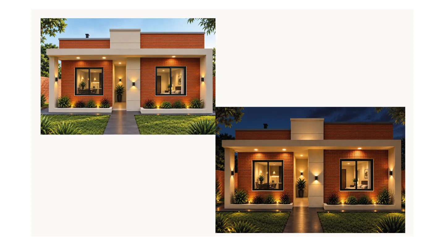 Render de la fachada de ladrillo de la casa, de día y de noche.